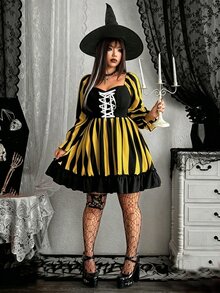 Whyspr 新款時尚哥德暗黑風萬聖節 Cosplay 黑白條紋元素網格裝飾繫帶設計長袖泡泡袖迷你洋裝蝴蝶結 - 黃色 - 查看 8