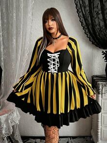Whyspr 新款時尚哥德暗黑風萬聖節 Cosplay 黑白條紋元素網格裝飾繫帶設計長袖泡泡袖迷你洋裝蝴蝶結 - 黃色 - 查看 6