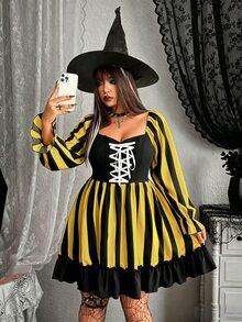 Whyspr 新款時尚哥德暗黑風萬聖節 Cosplay 黑白條紋元素網格裝飾繫帶設計長袖泡泡袖迷你洋裝蝴蝶結 - 黃色 - 查看 5