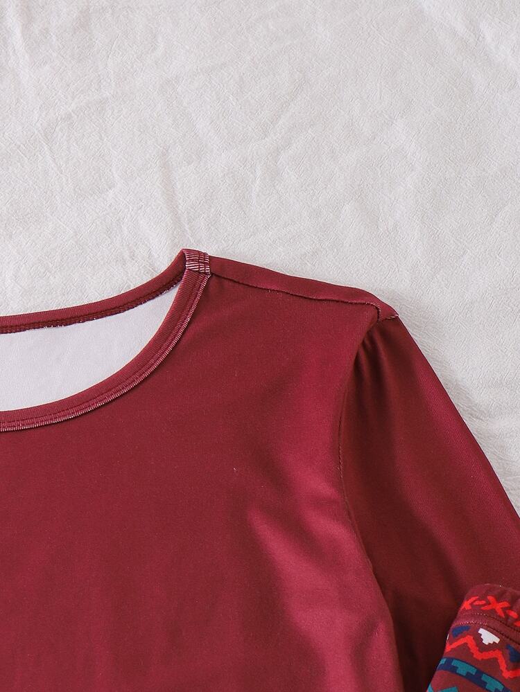 SHEIN Teen Boys 2-Piece Fitted Loungewear Set, Solid Burgundy Crew Neck Long Sleeve Top + Vintage Geometric Print Jogger Pants, Soft Skin-Friendly High Elastic Fabric, Cuffed Sleeve And Hem Design, Fashionable Minimalist Daily Home And Bedtime Sleepwear Set - Burgundy - View 6