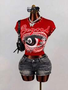 BamGleam 美式辣妹風眼睛印花短袖 T-shirt 鉚釘裝飾露腰短版復古街頭風上衣 - 紅色 - 查看 3