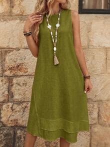 EMERY ROSE Casual Boho Solid Color Round Neck A-Line Summer Dress, Women's Summer Dress Vacation Olive Green - Green - View 3