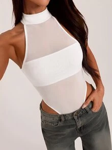 SHEIN BAE 秋冬白色高領透視網紗無袖緊身性感連身衣，感恩節亡靈節派對夜生活穿搭 - 白色 - 查看 8