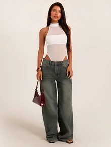 SHEIN BAE 秋冬白色高領透視網紗無袖緊身性感連身衣，感恩節亡靈節派對夜生活穿搭 - 白色 - 查看 3