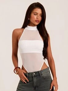 SHEIN BAE 秋冬白色高領透視網紗無袖緊身性感連身衣，感恩節亡靈節派對夜生活穿搭 - 白色 - 查看 4