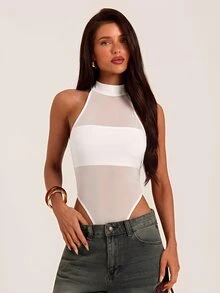 SHEIN BAE 秋冬白色高領透視網紗無袖緊身性感連身衣，感恩節亡靈節派對夜生活穿搭 - 白色 - 查看 5