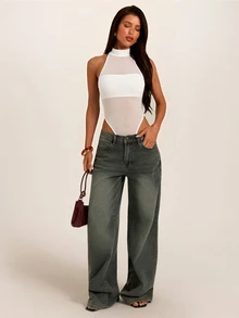 SHEIN BAE 秋冬白色高領透視網紗無袖緊身性感連身衣，感恩節亡靈節派對夜生活穿搭 - 白色 - 查看 1