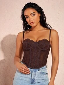 Silquee Ladies' Slim Fit Lace Contrast Mesh Camisole Top,Fall/Autumn - Coffee Brown - View 7