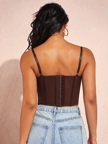Silquee Ladies' Slim Fit Lace Contrast Mesh Camisole Top,Fall/Autumn - Coffee Brown - View 2