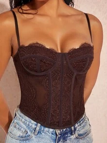Silquee Ladies' Slim Fit Lace Contrast Mesh Camisole Top,Fall/Autumn - Coffee Brown - View 5
