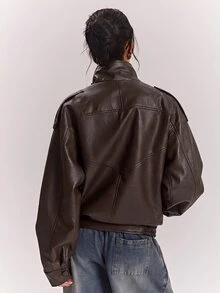 SHEIN BAE 女款純色PU皮革休閒百搭日常長袖夾克 - 咖啡棕 - 查看 2