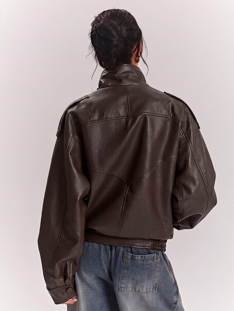 SHEIN BAE Women's Solid Color PU Leather Casual Versatile Daily Long Sleeve Jacket - Coffee Brown - View 2