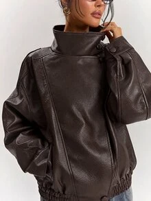 SHEIN BAE 女款純色PU皮革休閒百搭日常長袖夾克 - 咖啡棕 - 查看 6