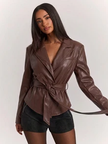 SHEIN BAE 女款純色休閒龐克搖滾風百搭日常長袖夾克外套，適合夜生活與外出，黑色，秋季 - 棕色 - 查看 4
