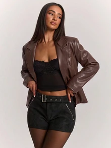 SHEIN BAE 女款純色休閒龐克搖滾風百搭日常長袖夾克外套，適合夜生活與外出，黑色，秋季 - 棕色 - 查看 6