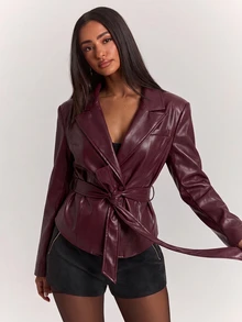 SHEIN BAE 女款純色休閒格蘭奇龐克搖滾風百搭日常長袖夾克外套，黑色，適合秋季夜晚外出 - 酒紅色 - 查看 4