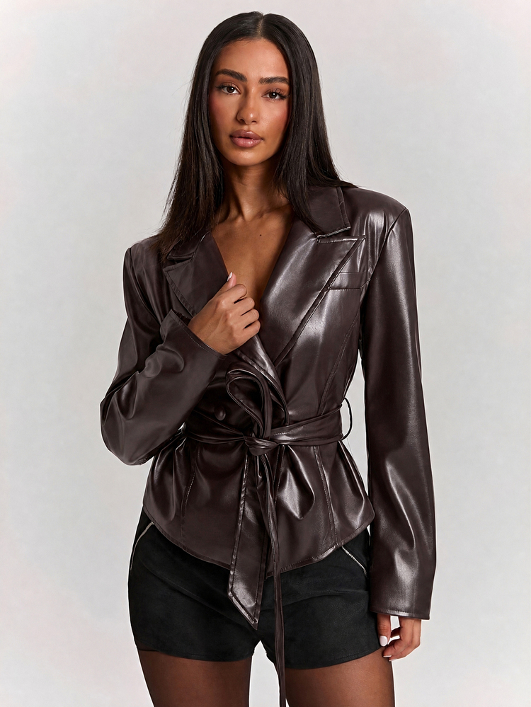 SHEIN BAE Women's Solid Color Casual Grunge Punk Rock Versatile Daily Long Sleeve Jacket Night Out Going Out Black Autumn - Coffee Brown - View 6
