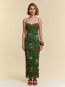 CAJUNI Gaun Wanita Seksi Gaya Jalanan dengan Motif Jamur & Daun dan Tali Bahu Tipis - Dark Green - View 4