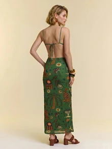 CAJUNI Gaun Wanita Seksi Gaya Jalanan dengan Motif Jamur & Daun dan Tali Bahu Tipis - Dark Green - View 2