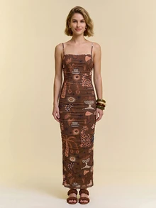 CAJUNI Women's Street Style Mushroom & Leaf Print Spaghetti Strap Dress - Brown - View 4