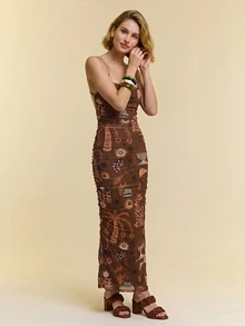 CAJUNI Women's Street Style Mushroom & Leaf Print Spaghetti Strap Dress - Brown - View 3