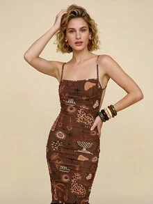 CAJUNI Women's Street Style Mushroom & Leaf Print Spaghetti Strap Dress - Brown - View 6
