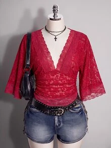 SHEIN ICON 大尺碼 Y2K 哥德風優雅性感 V 領蕾絲拼接喇叭袖上衣，黑色，適合早午餐與晚餐，夏季款 - 紅色 - 查看 1