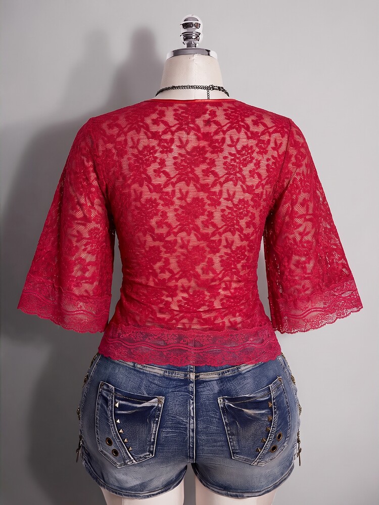 SHEIN ICON Plus Size Y2K Goth Elegant Sexy V-Neck Lace Patchwork Flare Sleeve Top Brunch Dinner Black Summer - Red - View 9