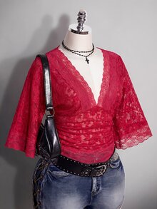 SHEIN ICON 大尺碼 Y2K 哥德風優雅性感 V 領蕾絲拼接喇叭袖上衣，黑色，適合早午餐與晚餐，夏季款 - 紅色 - 查看 8