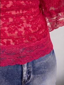 SHEIN ICON 大尺碼 Y2K 哥德風優雅性感 V 領蕾絲拼接喇叭袖上衣，黑色，適合早午餐與晚餐，夏季款 - 紅色 - 查看 7