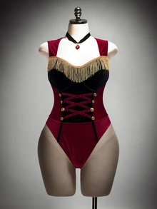 SHEIN ICON 大尺碼性感 Y2K 馬戲團團長性感連身衣，天鵝絨萬聖節 Cosplay 連身衣 - 紅色 - 查看 8