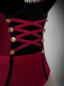 SHEIN ICON 大尺碼性感 Y2K 馬戲團團長性感連身衣，天鵝絨萬聖節 Cosplay 連身衣 - 紅色 - 查看 5
