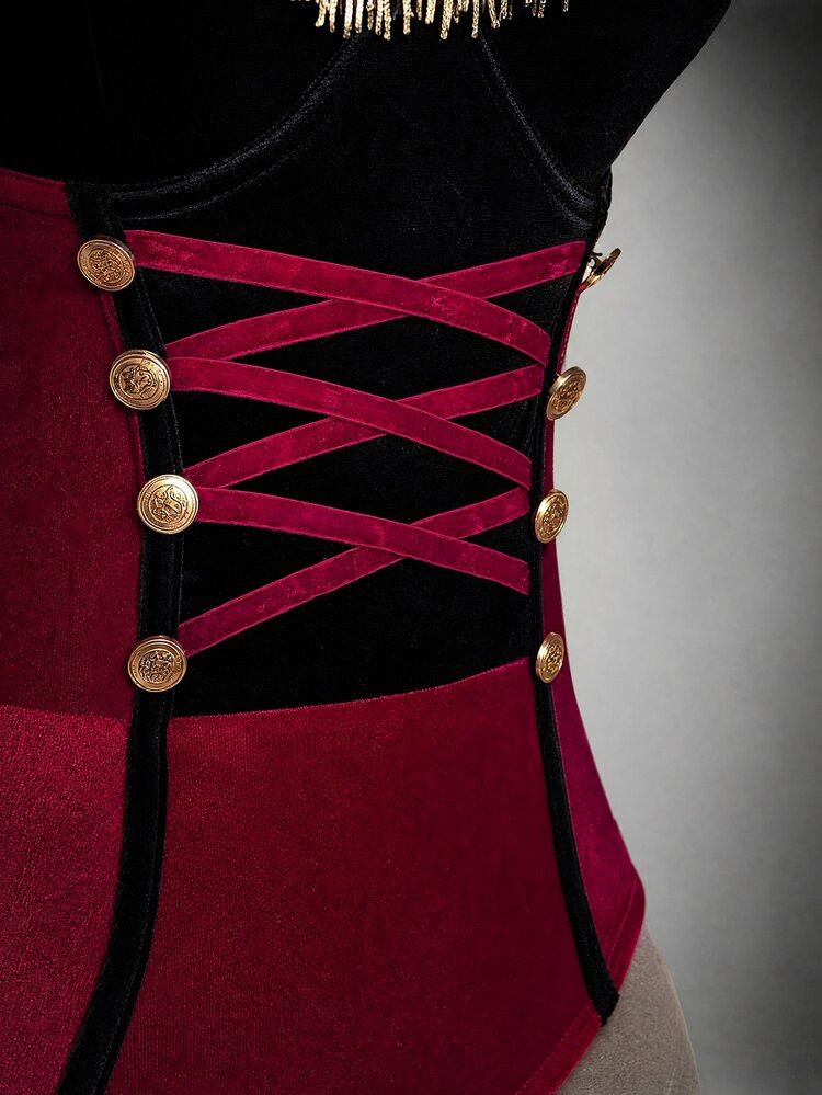 SHEIN ICON Plus Size Sexy Y2K Circus Ringmaster Sexy Bodysuit, Velvet Halloween Cosplay Bodysuit - Red - View 5