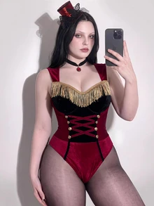 SHEIN ICON 大尺碼性感 Y2K 馬戲團團長性感連身衣，天鵝絨萬聖節 Cosplay 連身衣 - 紅色 - 查看 3