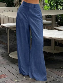 Livesso Women's High Waist Apricot Solid Color Large Pocket Loose Straight Leg Wide Leg Linen Pants - Blue - View 1