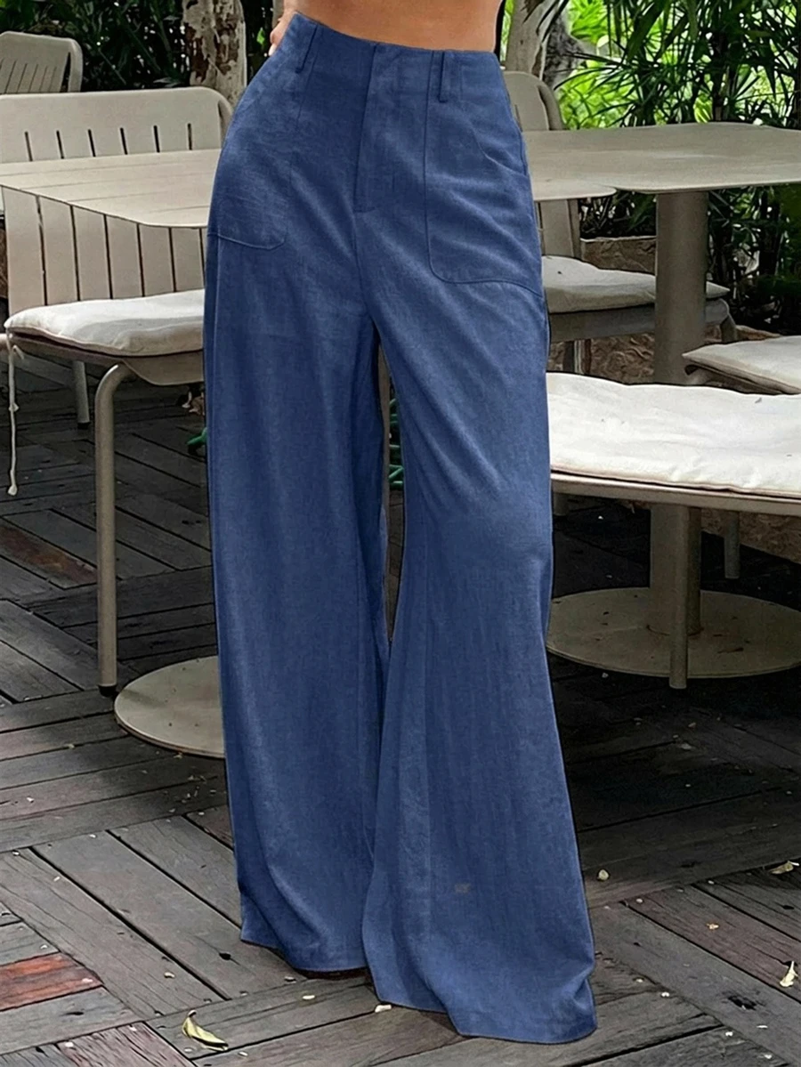 Livesso Women's High Waist Apricot Solid Color Large Pocket Loose Straight Leg Wide Leg Linen Pants - Blue - View 1