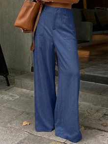 Livesso Women's High Waist Apricot Solid Color Large Pocket Loose Straight Leg Wide Leg Linen Pants - Blue - View 5