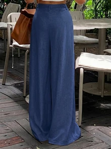 Livesso Women's High Waist Apricot Solid Color Large Pocket Loose Straight Leg Wide Leg Linen Pants - Blue - View 2