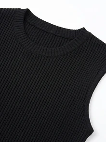 GlowEve 女款秋季服飾 素色對比蕾絲不對稱下擺羅紋時尚背心 - 黑色 - 查看 6