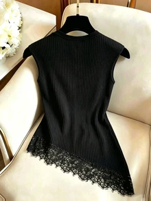 GlowEve 女款秋季服飾 素色對比蕾絲不對稱下擺羅紋時尚背心 - 黑色 - 查看 2