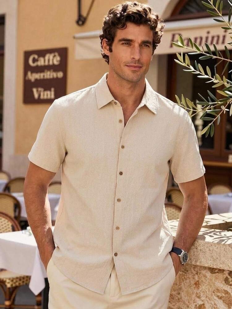 HIMLAND Men's Woven Casual Short Sleeve Shirt Halloween Winter Party Autumn - Apricot - View 7