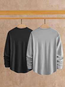 HIMLAND Men's Long Sleeve T-Shirt 2 Pack, Crewneck Tees, Solid Color Multipack, Fall Base Layer, Black And Grey Shirts Halloween Winter Party Autumn - Multicolor - View 2