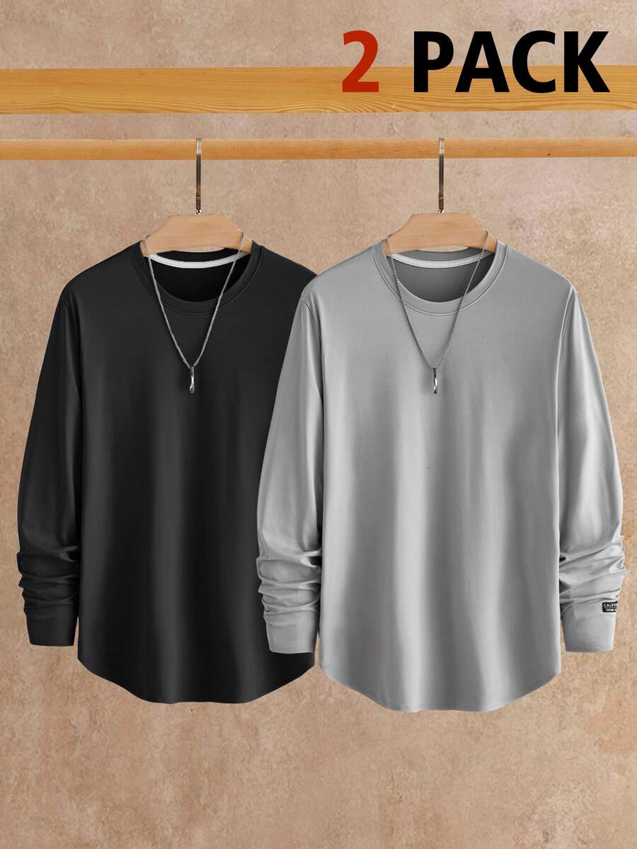 HIMLAND Men's Long Sleeve T-Shirt 2 Pack, Crewneck Tees, Solid Color Multipack, Fall Base Layer, Black And Grey Shirts Halloween Winter Party Autumn - Multicolor - View 1