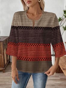SHEIN LUNE Women's 3/4 Sleeve V-Neck Work Blouse, Spring/Autumn - Multicolor - View 6