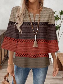 SHEIN LUNE Women's 3/4 Sleeve V-Neck Work Blouse, Spring/Autumn - Multicolor - View 5