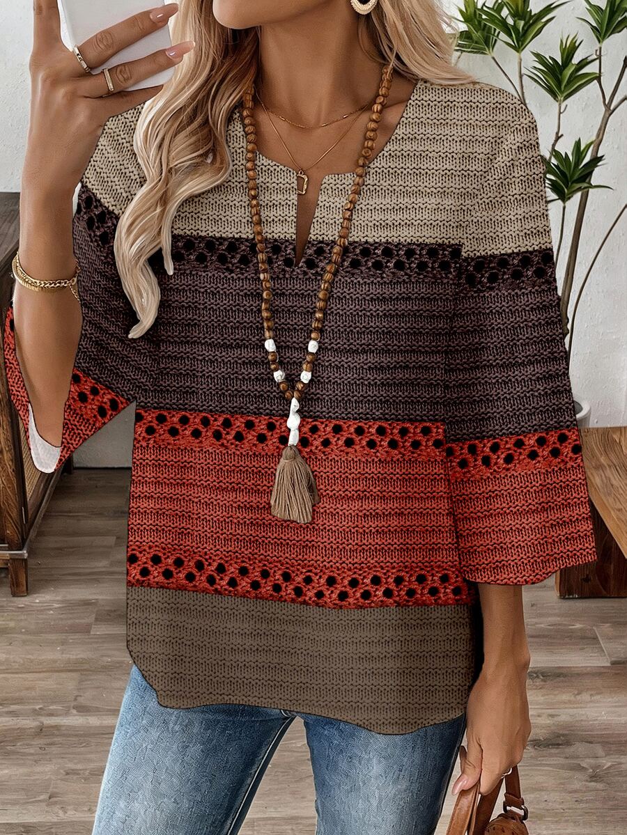 SHEIN LUNE Women's 3/4 Sleeve V-Neck Work Blouse, Spring/Autumn - Multicolor - View 1