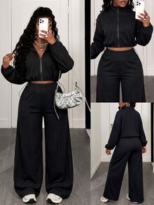 BamGleam Women's Autumn/Winter Solid Black Knit Textured Jacquard Fabric Casual 2 Pieces Set Travel - Black - View 4