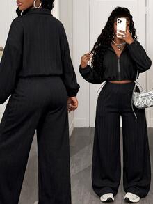 BamGleam Women's Autumn/Winter Solid Black Knit Textured Jacquard Fabric Casual 2 Pieces Set Travel - Black - View 8
