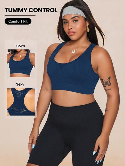 SHEIN Rhythm Era Plus Size Seamless Hollow See-Through Backless Sports Bra For Women Seamless Workout Top