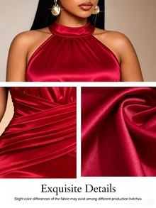 KIORVELLA Gaun Pesta Wanita Ukuran Besar Warna Polos Berlipit Elegan dengan Leher Halter yang Mengencangkan Pinggang - Merah - View 10